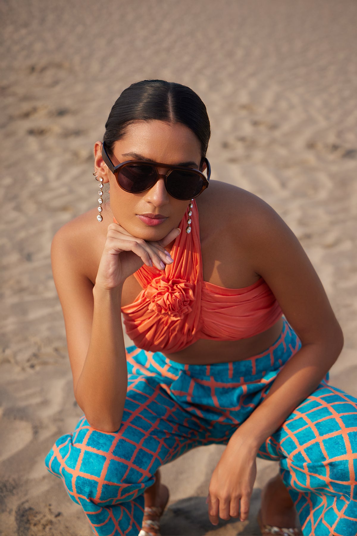 coral halter blouse teal checks pants