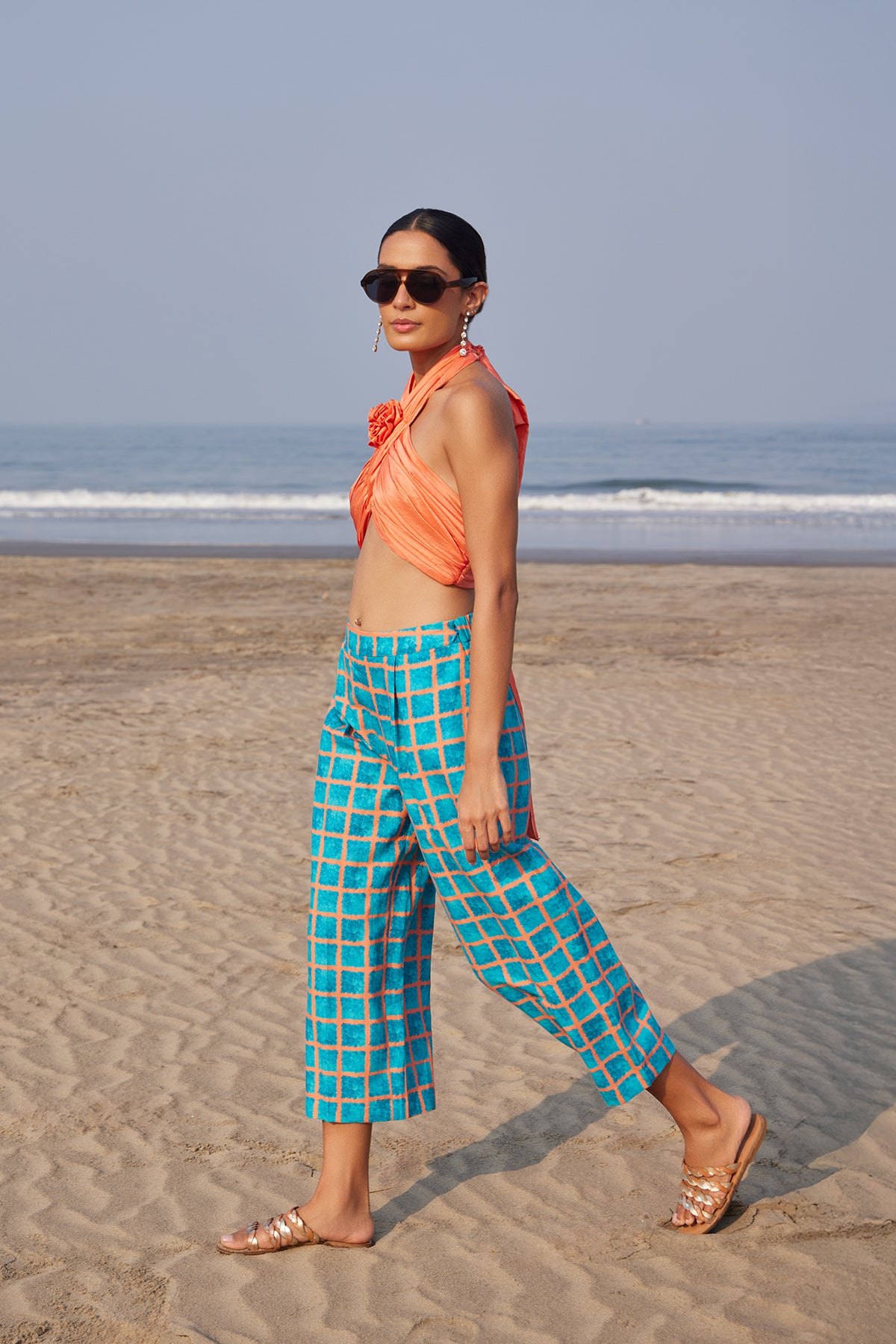 coral halter blouse teal checks pants