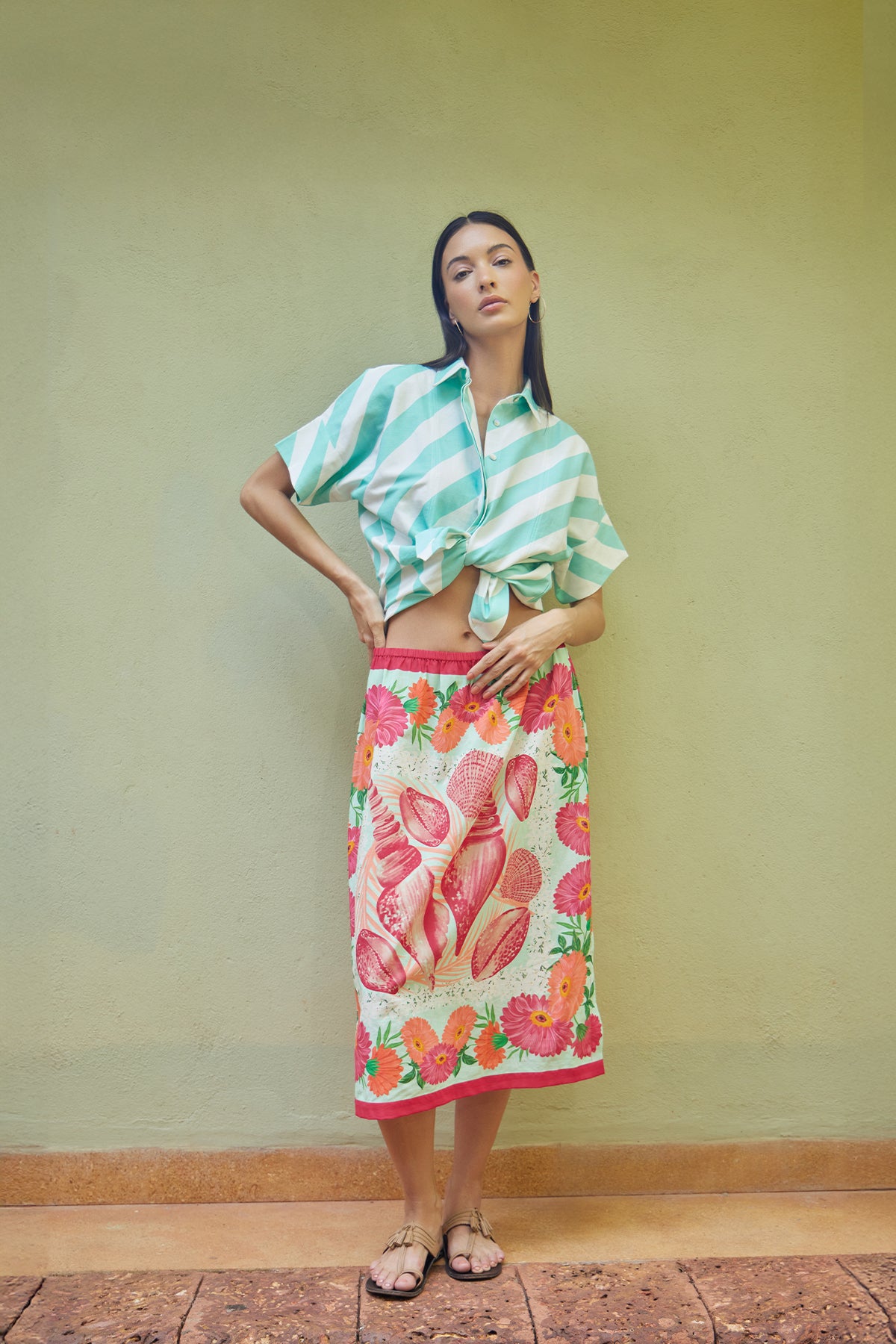 aqua stripe shirt and red printed skirt