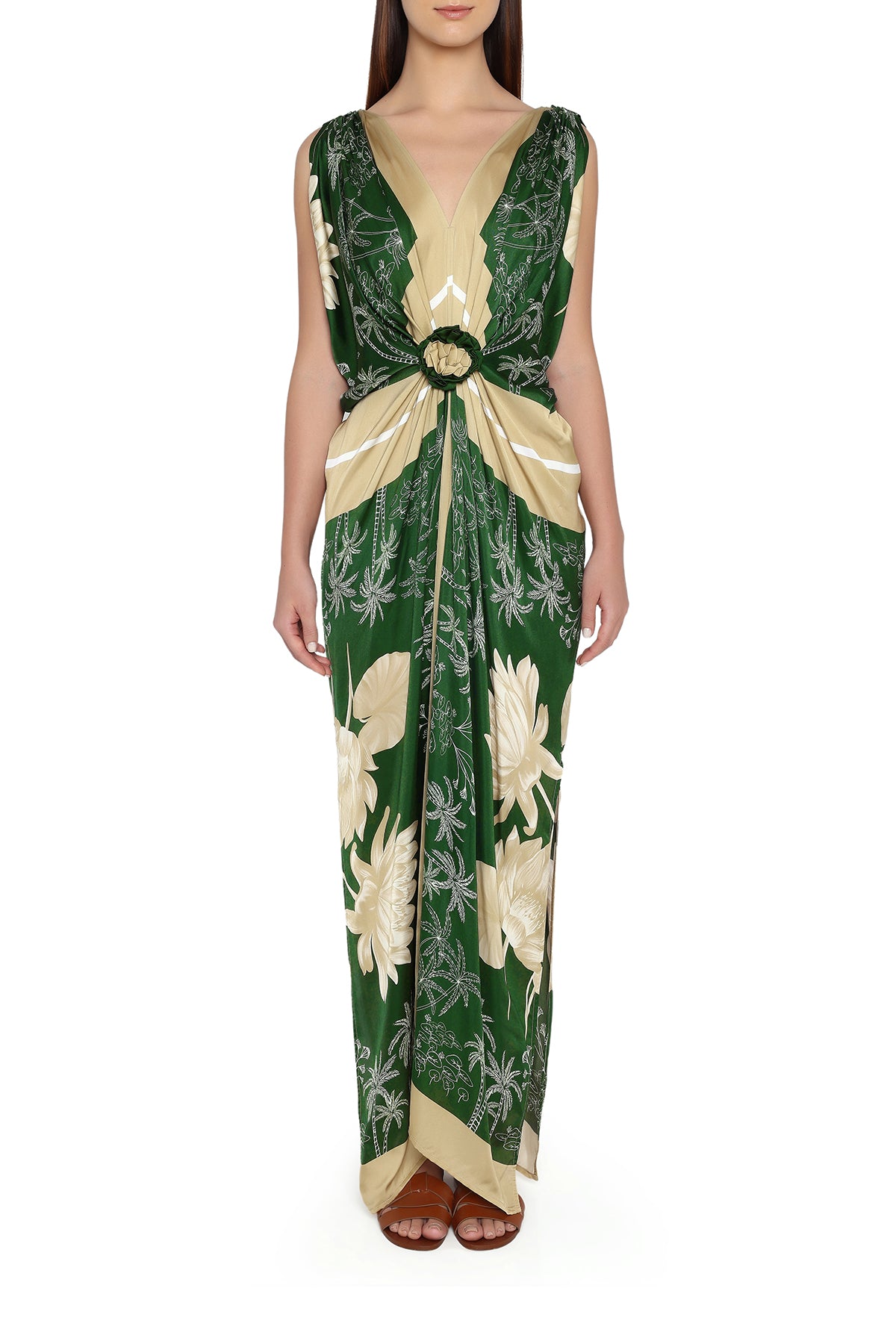 green and gold water lily dress