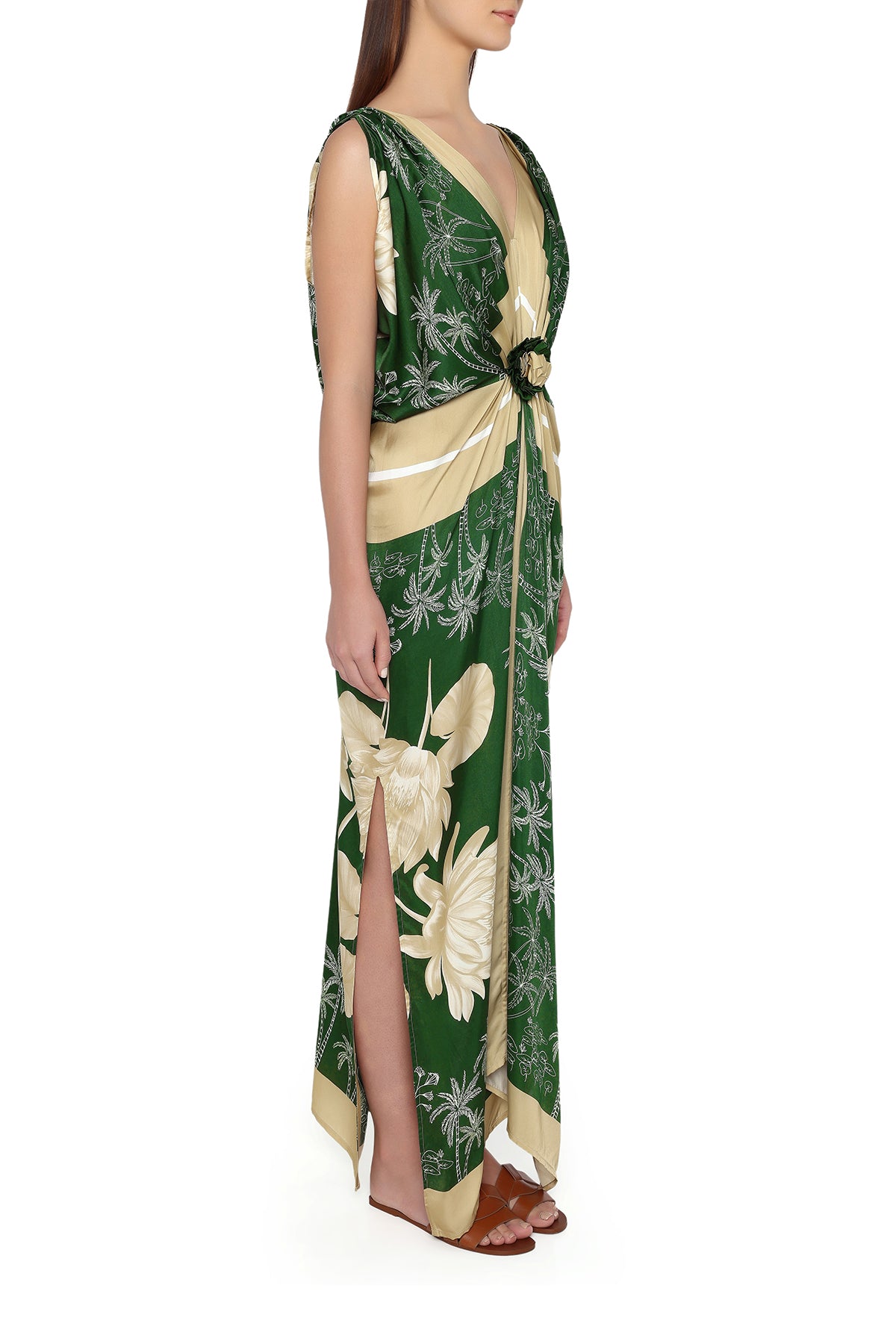 green and gold water lily dress