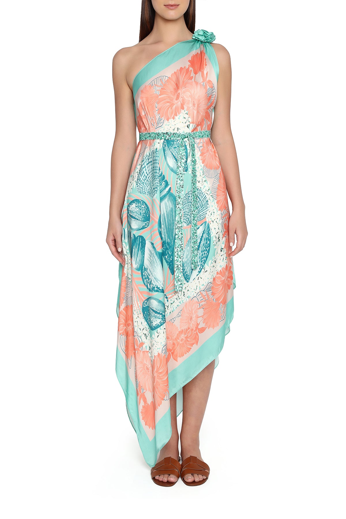 teal and coral shells dress