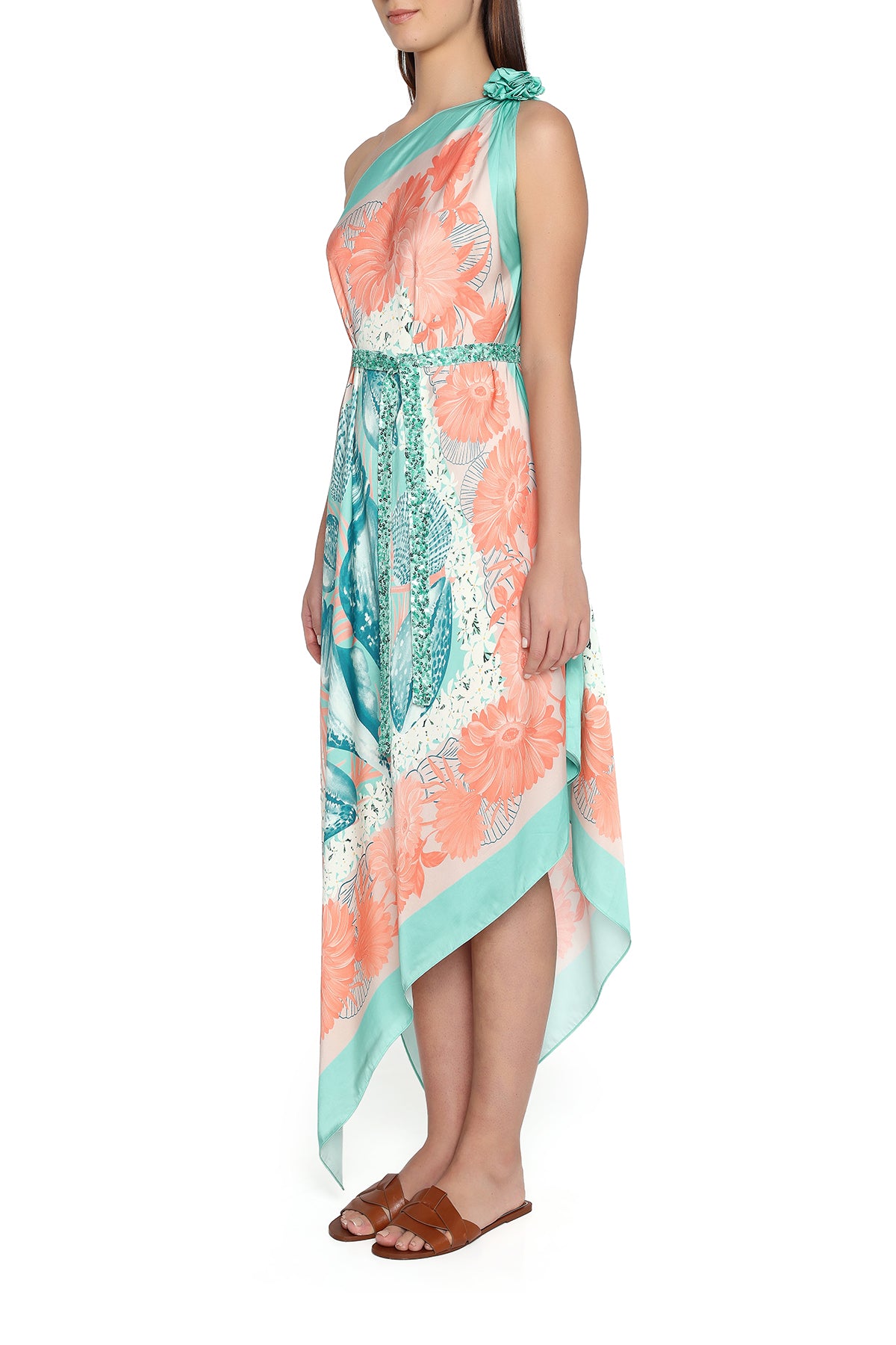 teal and coral shells dress