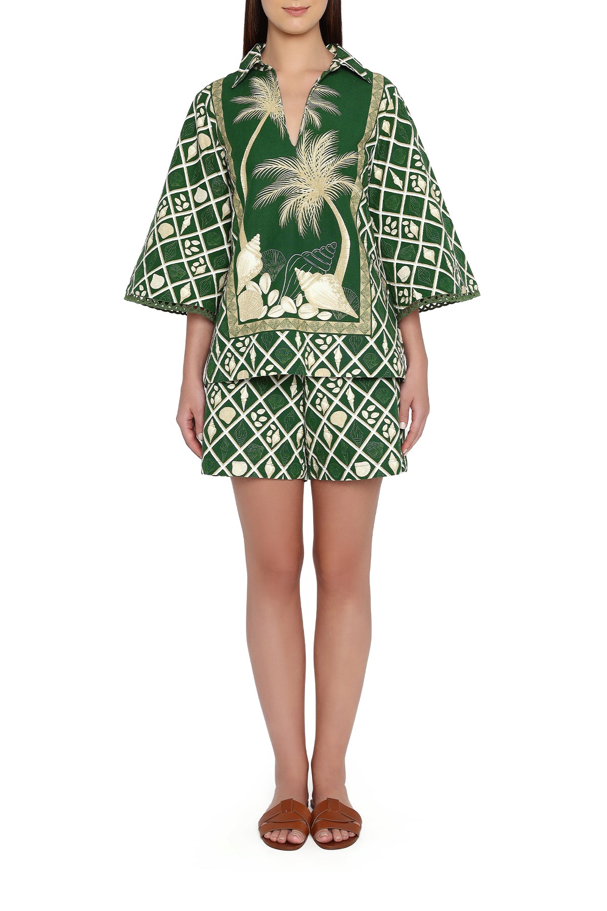 green and yellow palm shells top and shorts