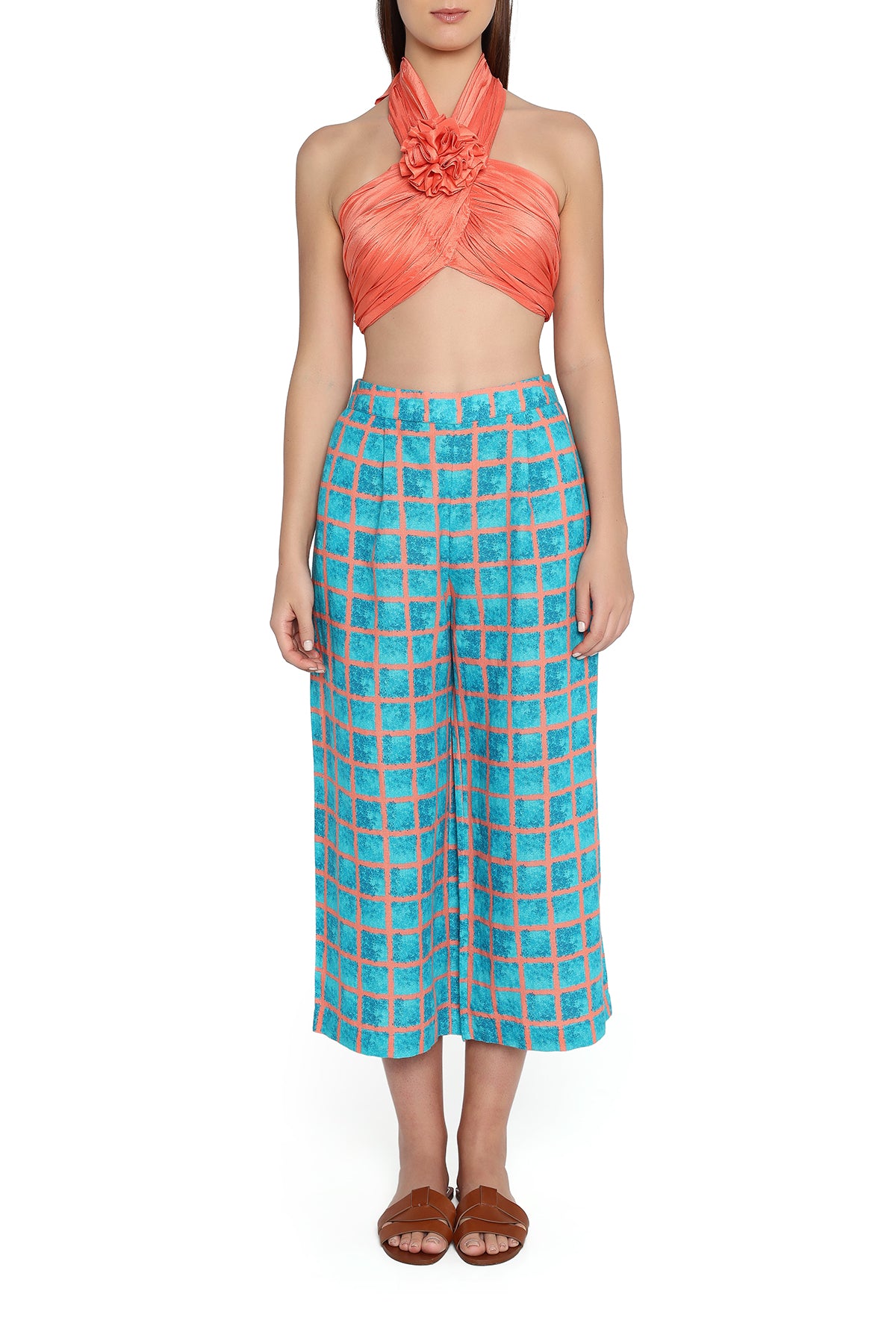 coral top and teal checks pants