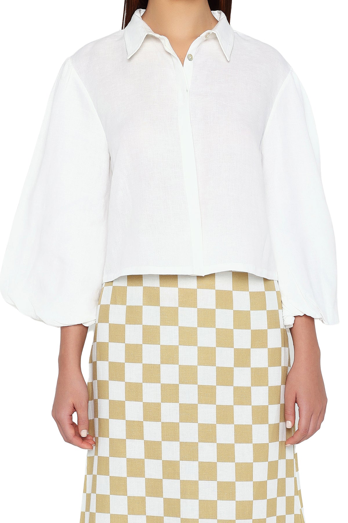 white blouse yellow checks skirt