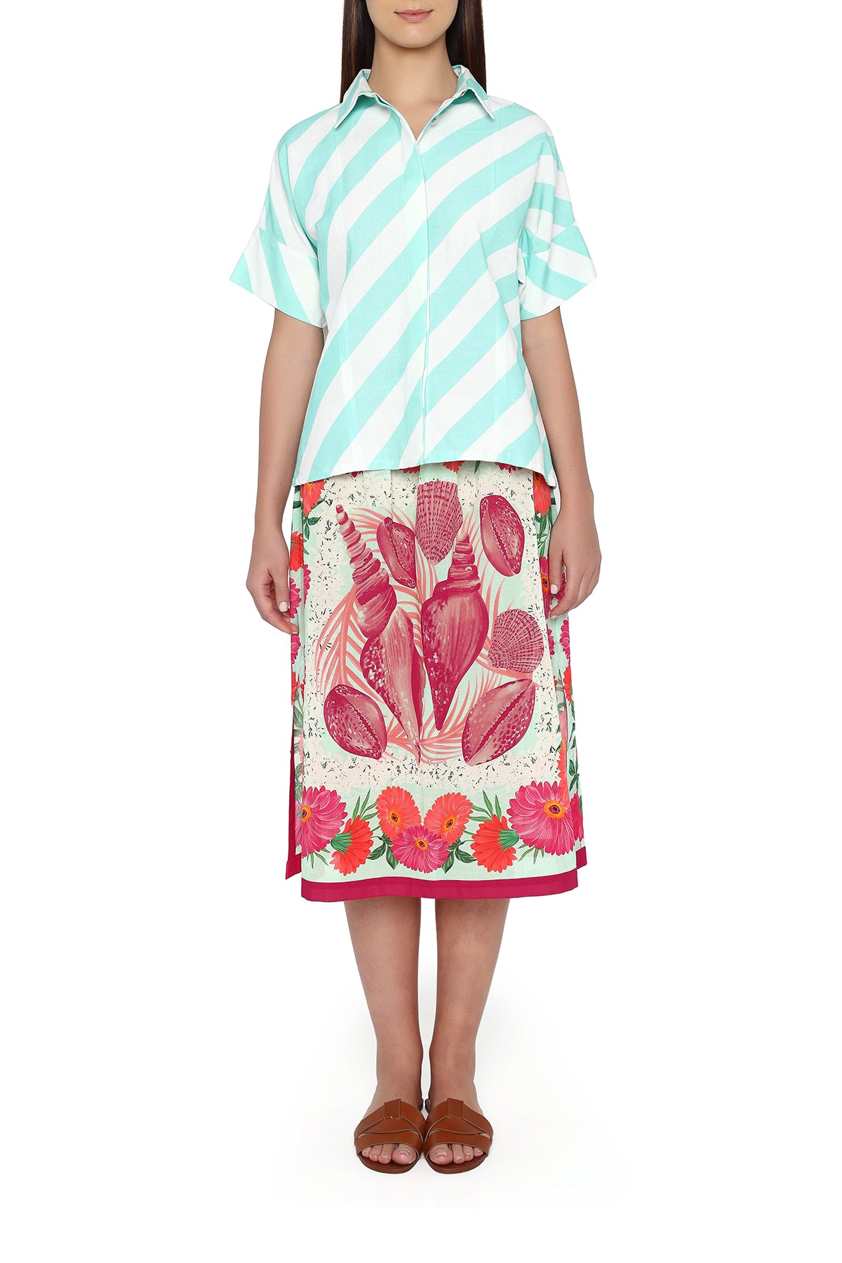 aqua stripe shirt and red printed skirt