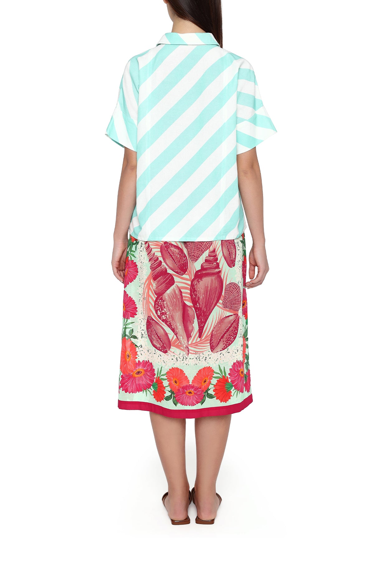 teal stripe top and red shells skirt