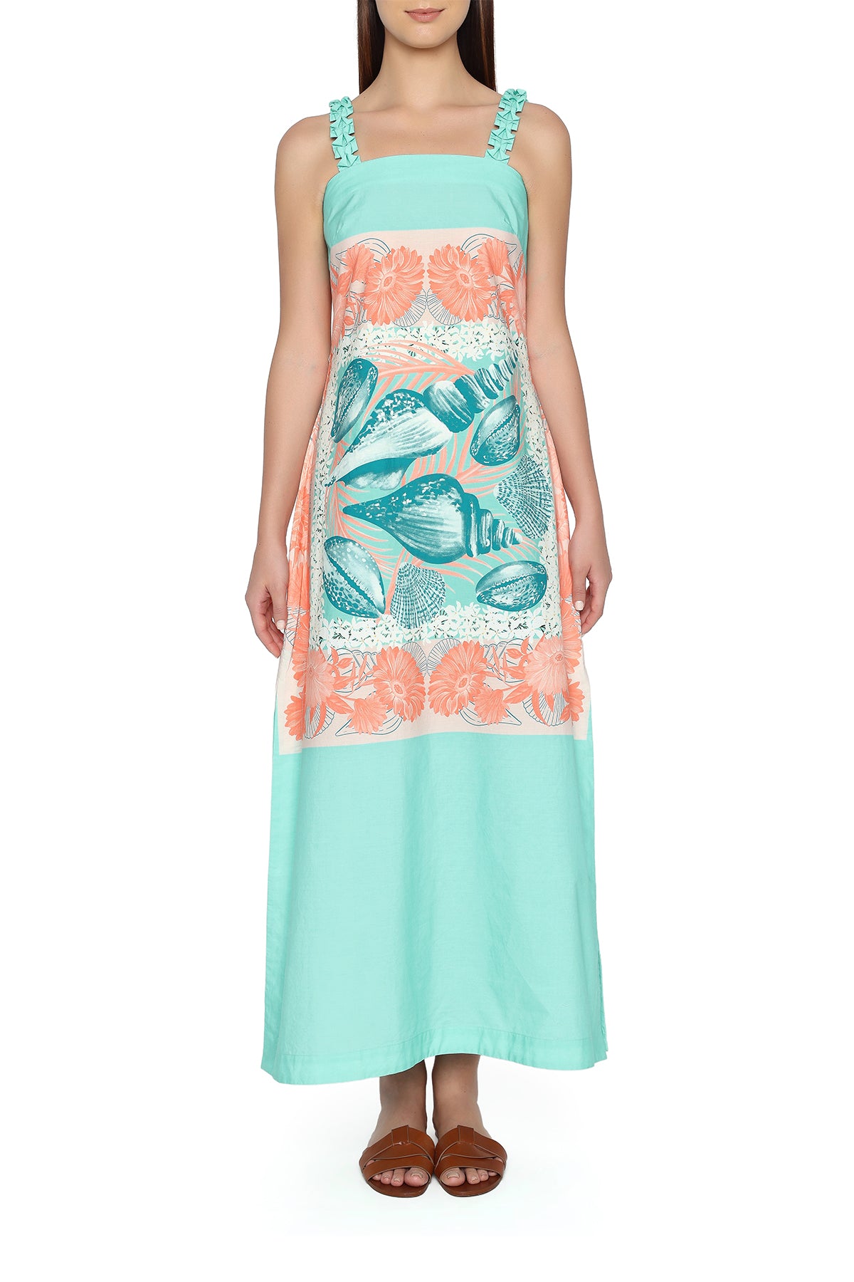 coral and teal seashells dress