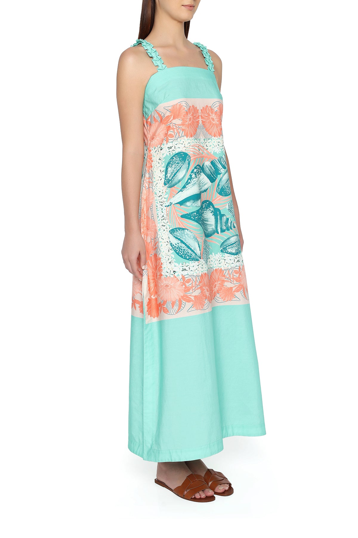 coral and teal seashells dress