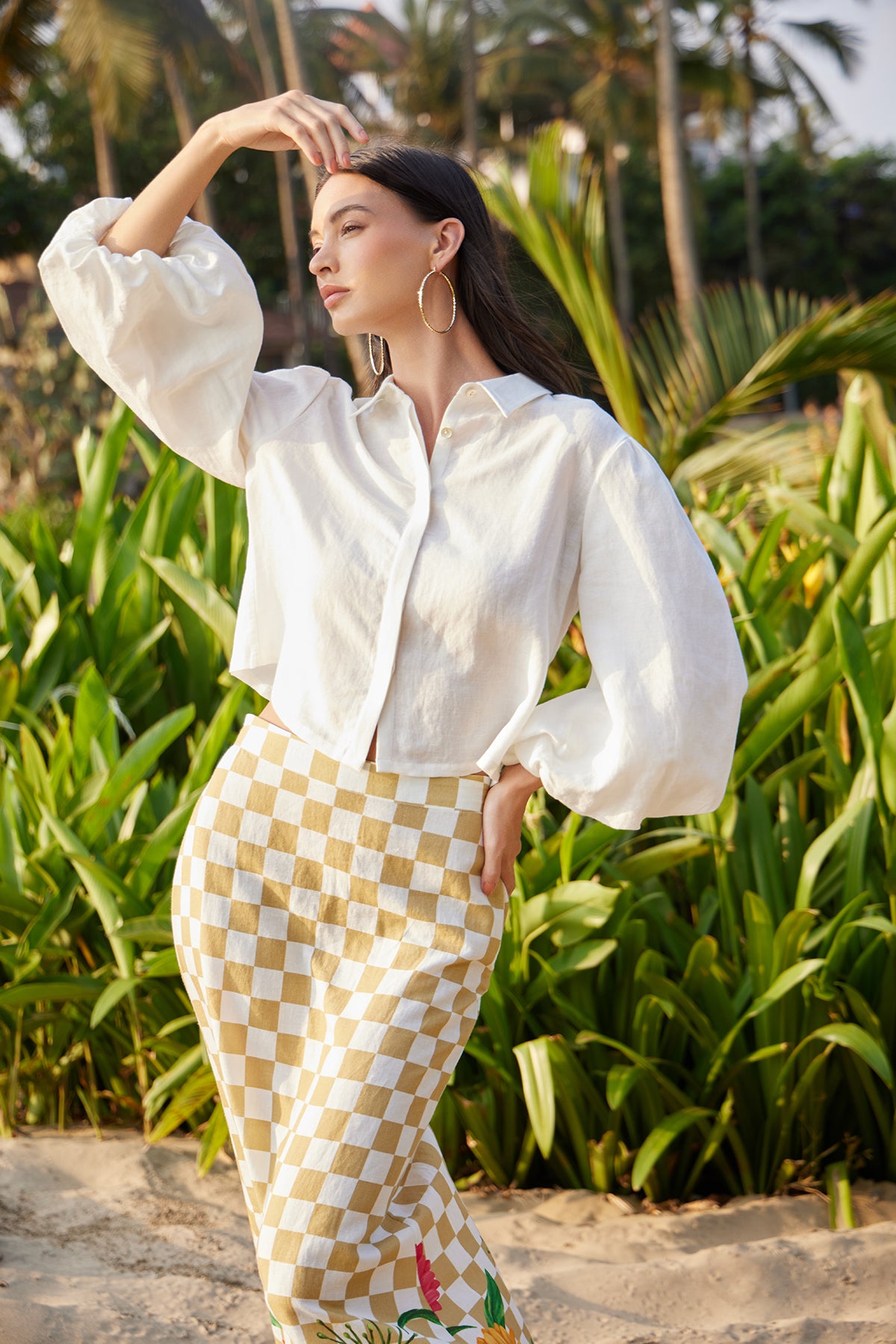 white top yellow checks skirt